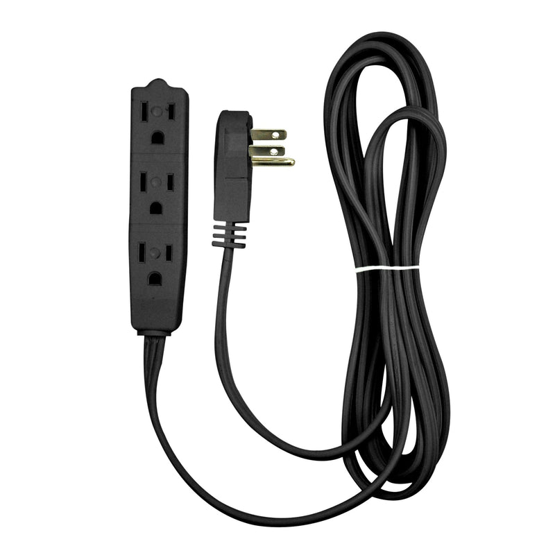 BindMaster 8-foot black extension cord with 3 grounded outlets and angled flat plug, designed for versatile power extension.