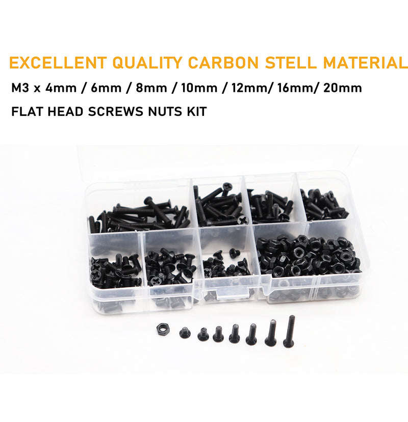 [Australia - AusPower] - binifiMux 360pcs M3 x 4mm/ 6mm/ 8mm/ 10mm/ 12mm/ 16mm / 20mm Black Countersunk Flat Head Phillips Machine Screws and Hex Nuts Kit 