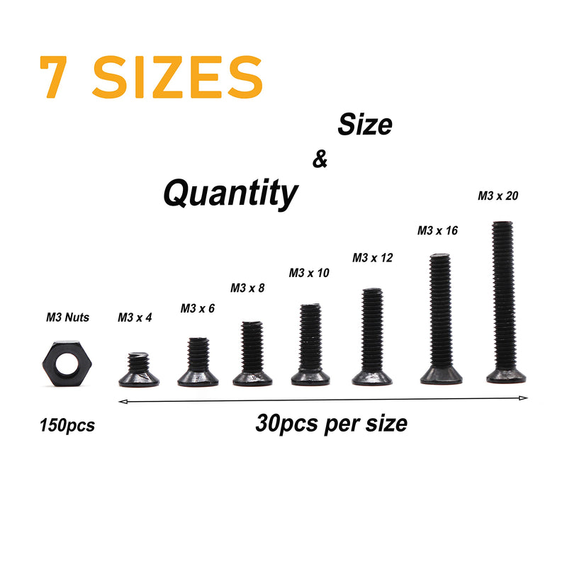 [Australia - AusPower] - binifiMux 360pcs M3 x 4mm/ 6mm/ 8mm/ 10mm/ 12mm/ 16mm / 20mm Black Countersunk Flat Head Phillips Machine Screws and Hex Nuts Kit 