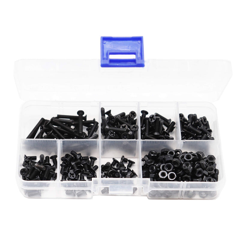 [Australia - AusPower] - binifiMux 360pcs M3 x 4mm/ 6mm/ 8mm/ 10mm/ 12mm/ 16mm / 20mm Black Countersunk Flat Head Phillips Machine Screws and Hex Nuts Kit 