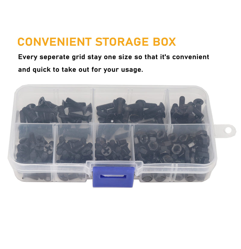 [Australia - AusPower] - binifiMux 360pcs M3 x 4mm/ 6mm/ 8mm/ 10mm/ 12mm/ 16mm / 20mm Black Countersunk Flat Head Phillips Machine Screws and Hex Nuts Kit 