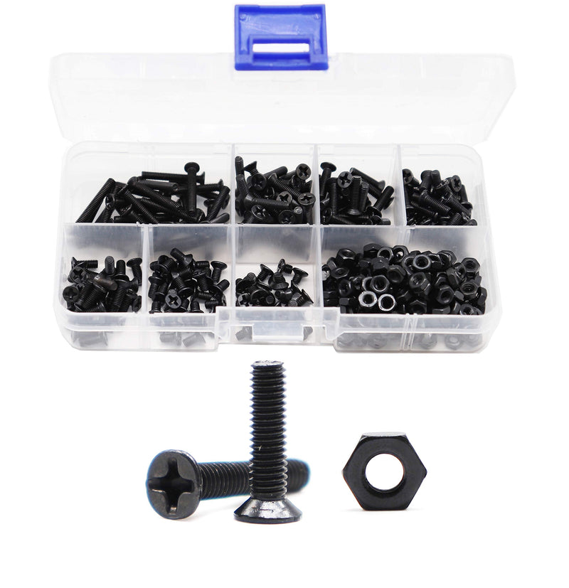 [Australia - AusPower] - binifiMux 360pcs M3 x 4mm/ 6mm/ 8mm/ 10mm/ 12mm/ 16mm / 20mm Black Countersunk Flat Head Phillips Machine Screws and Hex Nuts Kit 