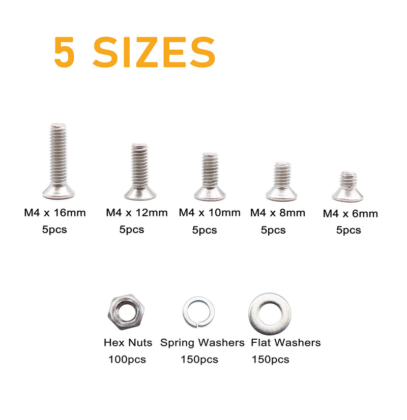 [Australia - AusPower] - binifiMux 550pcs M4 Phillips Flat Head Countersunk Machine Screws Bolts Nuts Washers Assortment Kit, 304 Stainless Steel, M4 x 6mm/ 8mm/ 10mm/ 12mm/ 16mm 