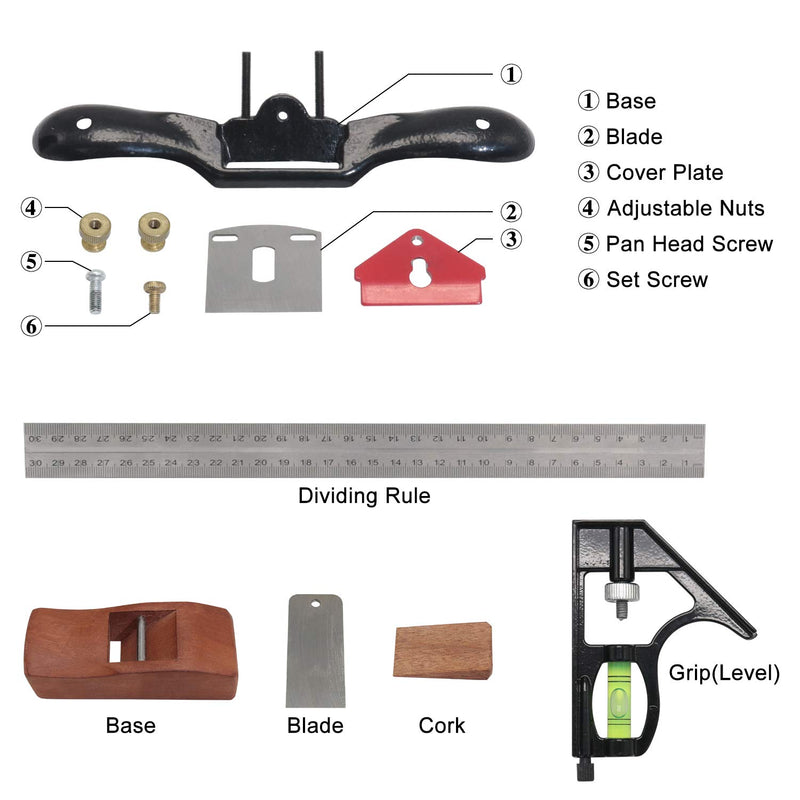 [Australia - AusPower] - boeray 9" Adjustable SpokeShave with Flat Base, 3pcs Metal Blade and 1pcs Portable Woodworking Planes Wood Working Hand Tool and Level Ruler Perfect for Wood Craft, Wood Craver, Wood Working A 