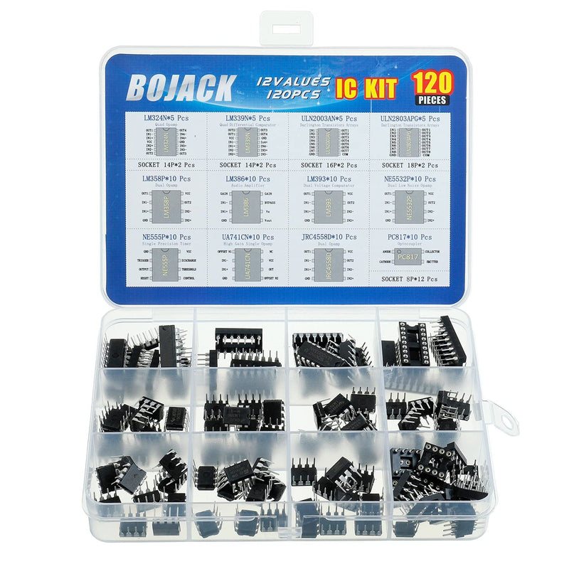 [Australia - AusPower] - BOJACK 12 Values 120 Pcs Opamp Timer Darlington Phototcoupler LM324 LM339 ULN2003AN ULN2803APG LM358P LM386 LM393 NE5532P NE555P UA741CN JRC4558D PC817 IC Assortment Kit 
