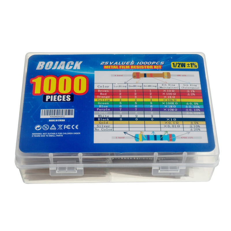 [Australia - AusPower] - BOJACK 1000 Pcs 25 Values Resistor Kit 1 Ohm-1M Ohm with 1% 1/2W Metal Film Resistors Assortment 