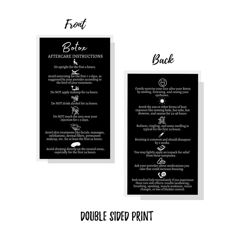 [Australia - AusPower] - Botox Filler Injection Aftercare Instruction Card | 50 Pack | Physical Printed 2x3.5” inches Business Card Size | Black with White Design 