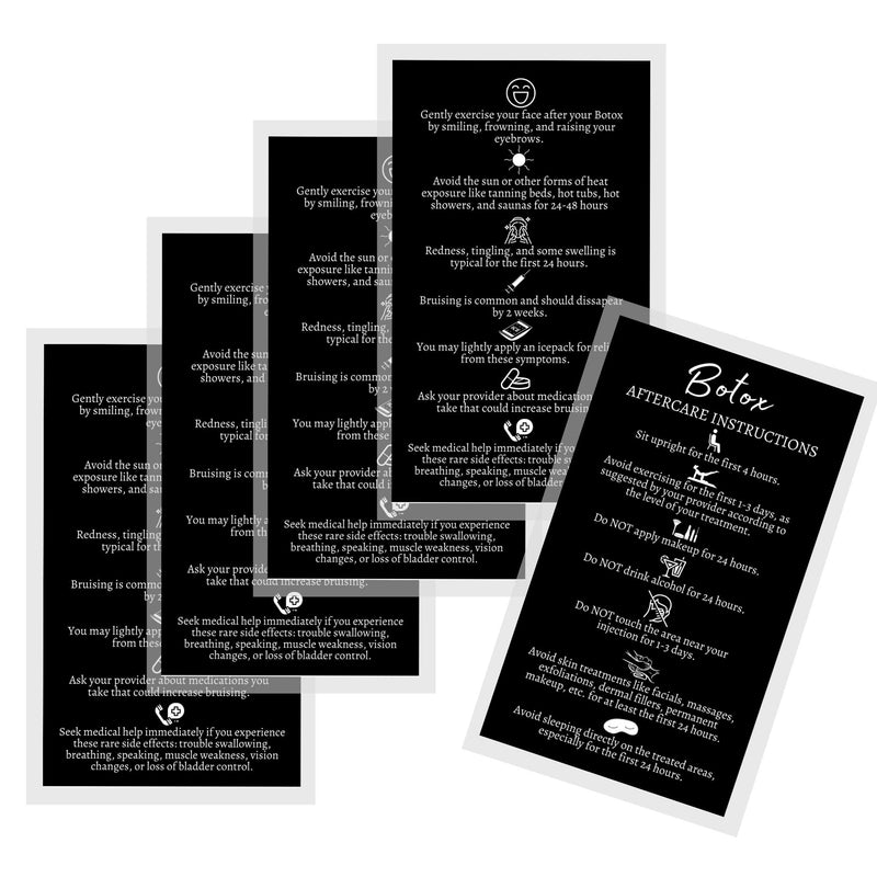[Australia - AusPower] - Botox Filler Injection Aftercare Instruction Card | 50 Pack | Physical Printed 2x3.5” inches Business Card Size | Black with White Design 