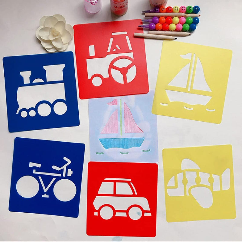[Australia - AusPower] - 24 Pcs Transportation Theme Drawing Painting Stencils Boat Airplane Spaceship Car Templates for Kids Crafts Creation, Washable Plastic 