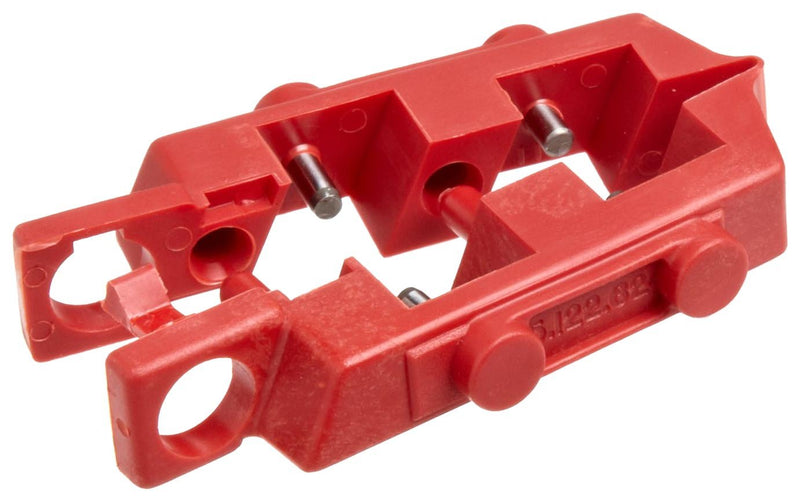 Brady 65387 120V snap-on circuit breaker lockout device installed on a breaker for safety and lockout protection