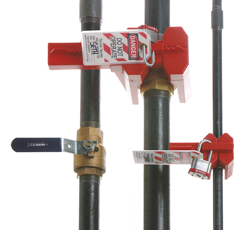 Red Brady Prinzing Ball Valve Lockout for 1/2 to 2-1/2 inch pipes, small device for safety lockout of ball valves.