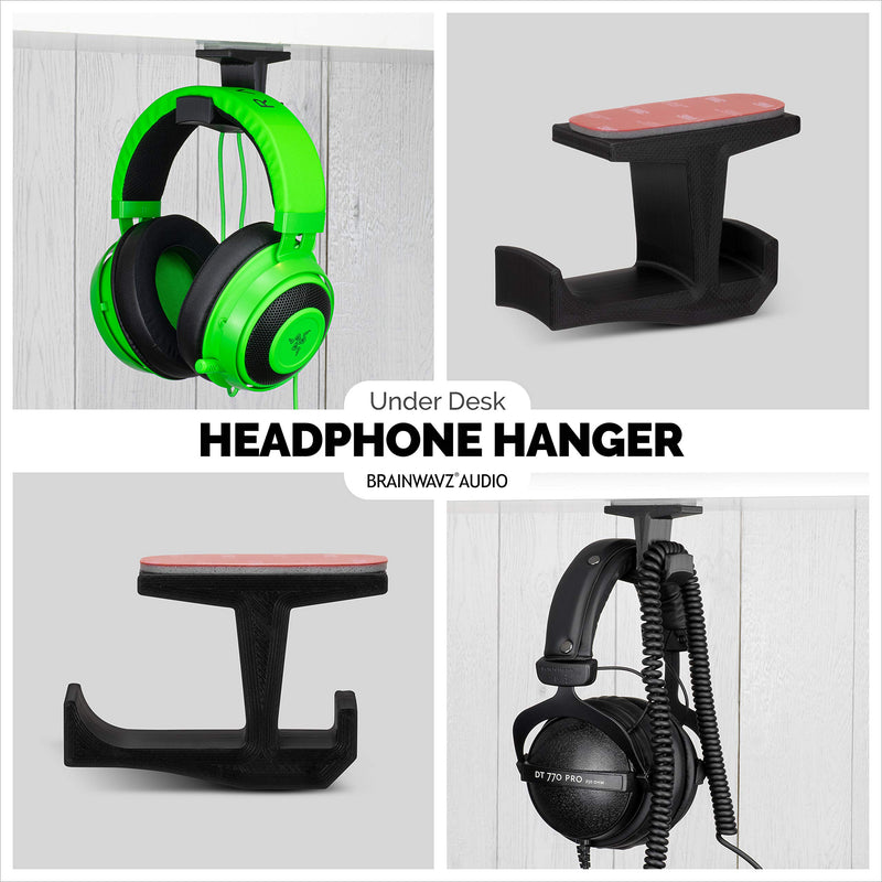[Australia - AusPower] - BRAINWAVZ BigJ Under Desk Headphone Stand (2 Pack) Hanger Holder Mount for Headphones, Gaming Headsets, Mobiles Accessories, Stick On, No Screws (Black) 