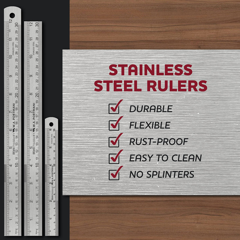 [Australia - AusPower] - Breman Precision 3 Pack Metal Ruler Set - 1 6 Inch Ruler & 2 12 Inch Stainless Steel Rulers - Steel Straight Edge Ruler Set - Metal Ruler 12 Inch & 6 Inch - Inches & Metric Ruler - Metal Rulers 