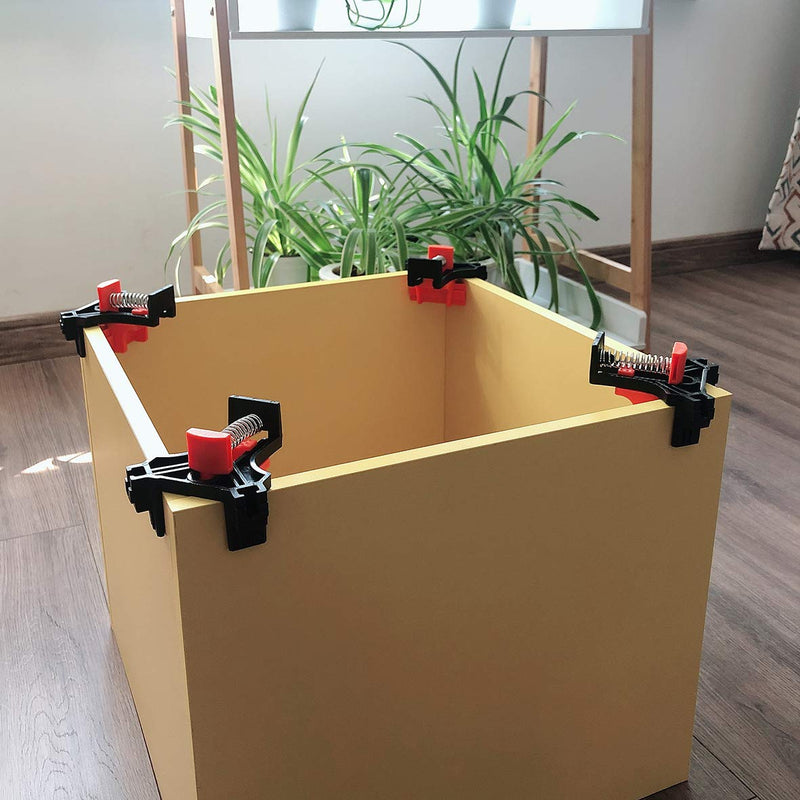 Set of four C CASIMR 90-degree corner clamps for woodworking, adjustable single handle spring-loaded right angle clamps for precise corners.