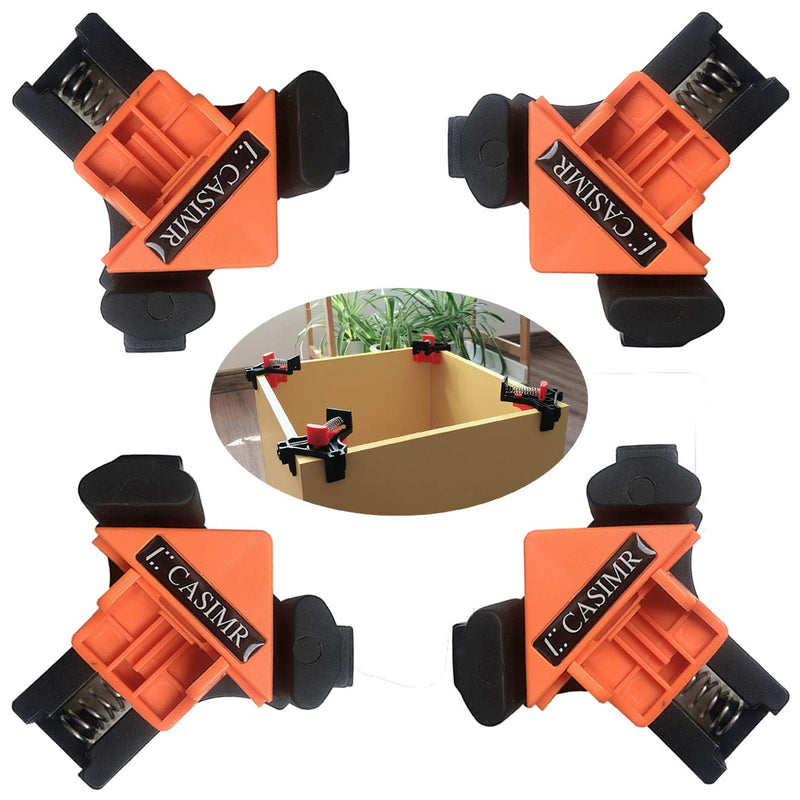 Set of four C CASIMR 90-degree corner clamps for woodworking, adjustable spring-loaded right angle clamps with single handles.