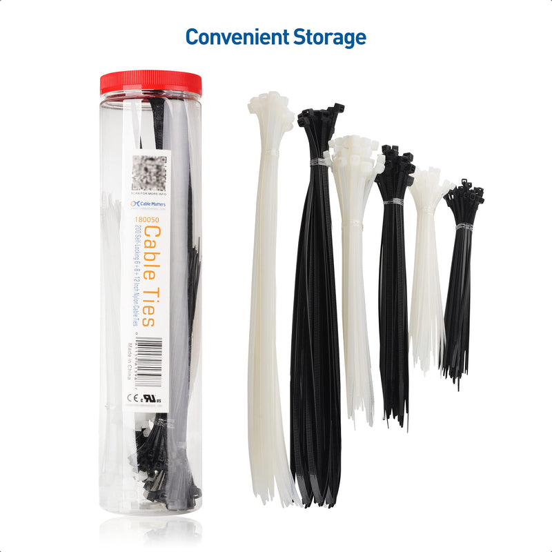 [Australia - AusPower] - Cable Matters 200-Pack Indoor and Outdoor 6, 8,12-Inch Self-Locking Nylon Zip Ties Assorted Sizes (Tie Wraps, Cable Ties, Zipties) in Black and White 