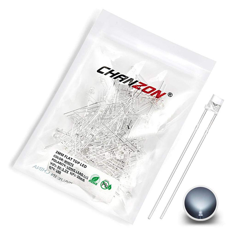 [Australia - AusPower] - Chanzon 100 pcs 3mm White LED Diode Lights (Clear Flat Transparent DC 3V 20mA) Bright Lighting Bulb Lamps Electronics Components Indicator Light Emitting Diodes A) White (100pcs) 