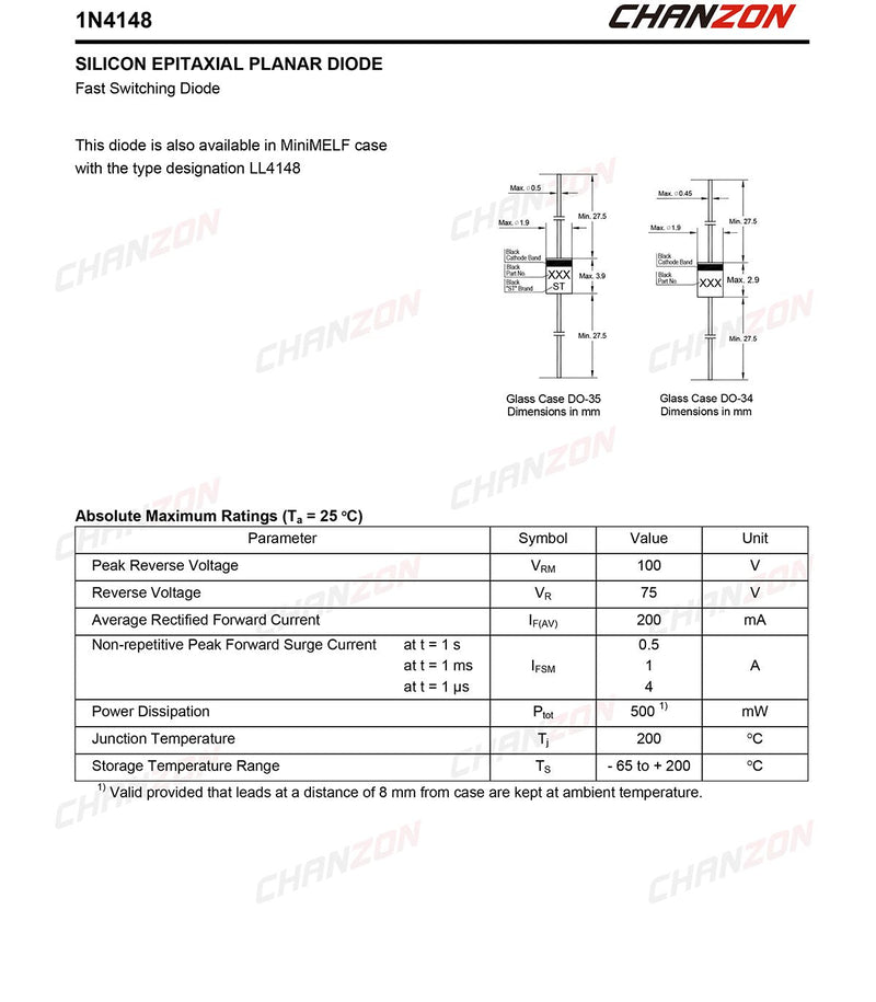 [Australia - AusPower] - (Pack of 100 Pieces) Chanzon 1N4148 Small Signal Fast Switching Diodes High-Speed Axial 200mA 100V DO-35 (DO-204AH) IN4148 4148 200 mA 100 Volt 