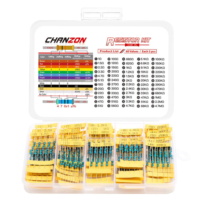 [Australia - AusPower] - Chanzon 60 Values 1/4w (0.25 watt) Metal Film Fixed Resistor Kit 300pcs 1R-4.7MR Ω ohm ±1% Tolerance 0.01 MF Through Hole Resistors Assortment Current Limiting Rohs Certificated 