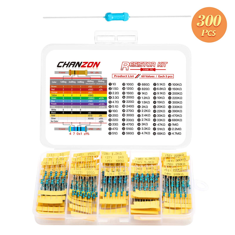 [Australia - AusPower] - Chanzon 60 Values 1/4w (0.25 watt) Metal Film Fixed Resistor Kit 300pcs 1R-4.7MR Ω ohm ±1% Tolerance 0.01 MF Through Hole Resistors Assortment Current Limiting Rohs Certificated 