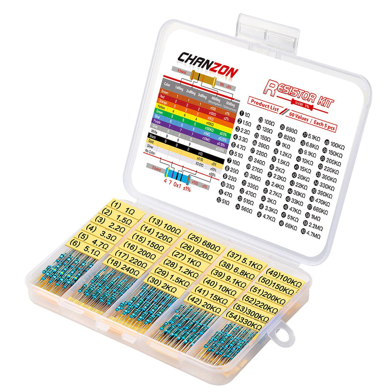 [Australia - AusPower] - Chanzon 60 Values 1/4w (0.25 watt) Metal Film Fixed Resistor Kit 300pcs 1R-4.7MR Ω ohm ±1% Tolerance 0.01 MF Through Hole Resistors Assortment Current Limiting Rohs Certificated 