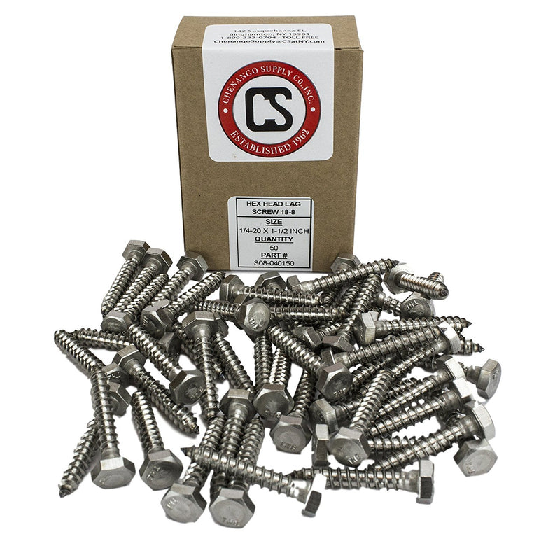 Set of 50 stainless steel 1/4 x 1-1/2 inch hex lag screws by Chenango Supply, ideal for heavy-duty fastening projects.