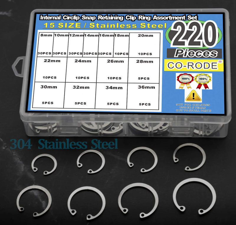 [Australia - AusPower] - CO-RODE 220Pcs 304 Stainless Steel Internal Circlip Snap Retaining Clip Ring Assortment Set 