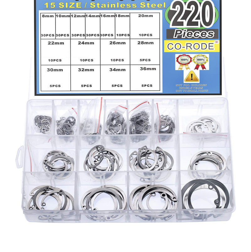 [Australia - AusPower] - CO-RODE 220Pcs 304 Stainless Steel Internal Circlip Snap Retaining Clip Ring Assortment Set 