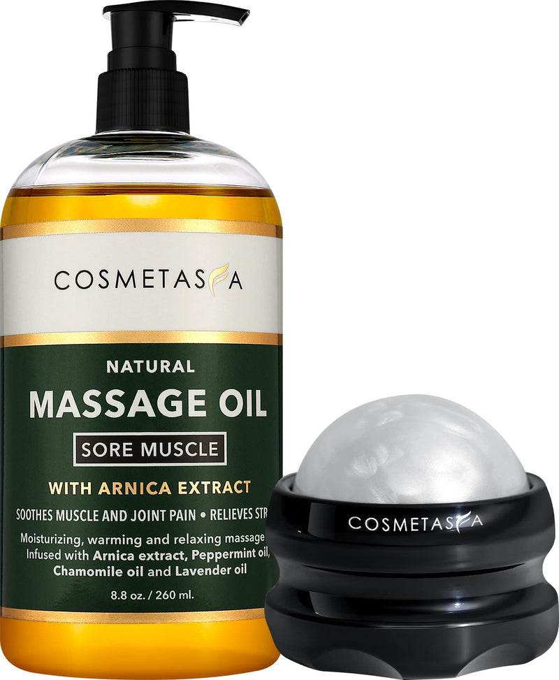 [Australia - AusPower] - Cosmetasa Sore Muscle Massage Oil with Massage Ball Roller - Soothes Muscle and Joint Pain with Arnica Extract, Peppermint, Chamomile, and Lavender Oil 