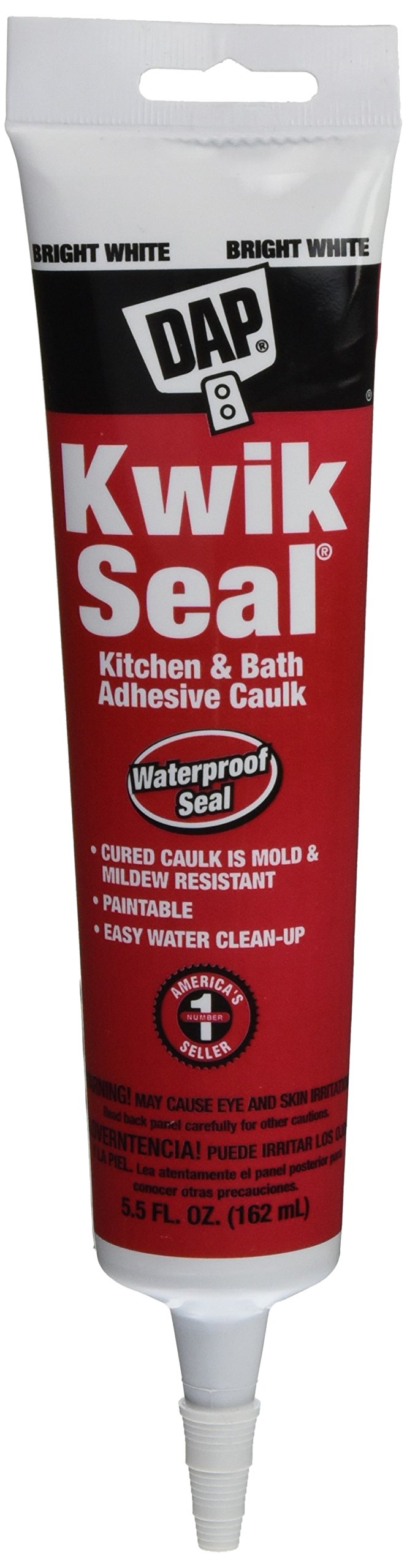 Dap Products 8889 adhesive caulk tube for sealing tubs and tiles, with a white application in a bathroom setting.