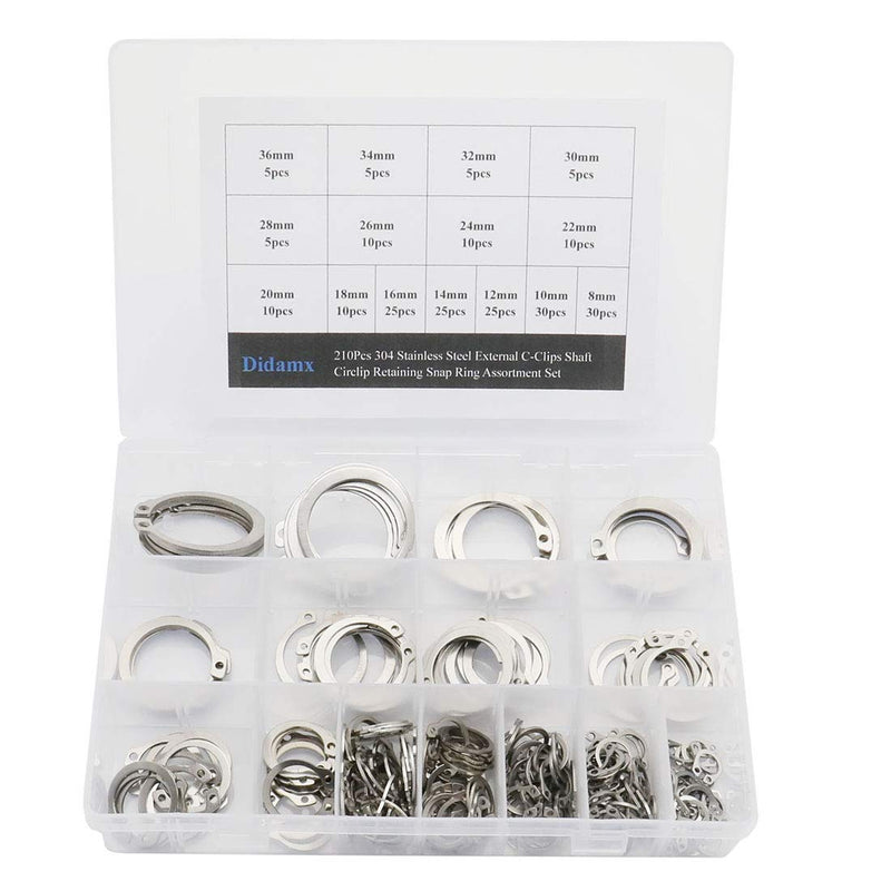 [Australia - AusPower] - Didamx 210Pcs 304 Stainless Steel 8mm - 36mm External C-Clips Shaft Circlip Retaining Snap Ring Assortment Set 