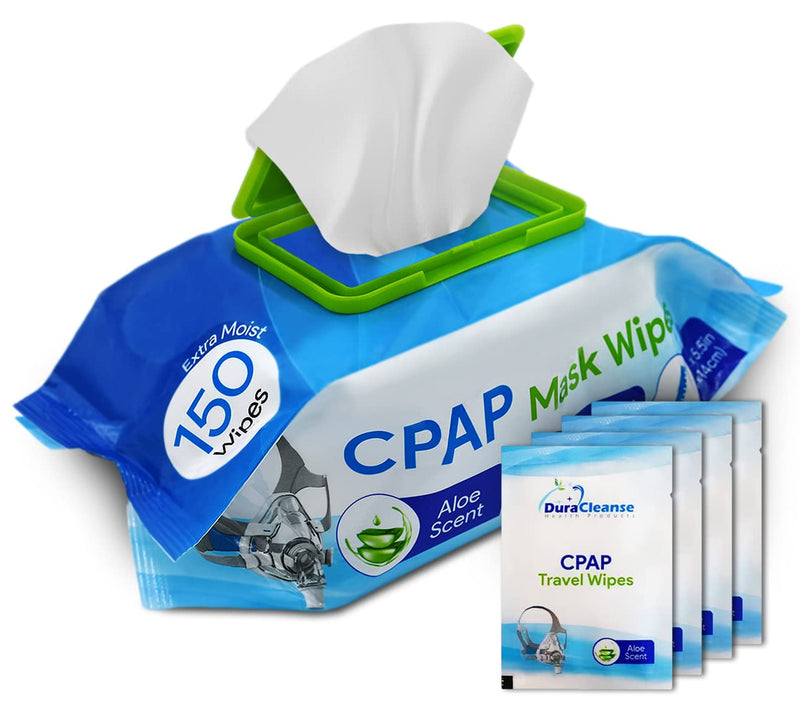[Australia - AusPower] - DuraCleanse CPAP Mask Cleaning Wipes - 150 Count plus 4 Travel Wipes - Lint & Alcohol Free Wipes for CPAP, BiPAP & other PAP Masks - Skin Safe with Aloe Vera 154 Count (Pack of 1) 