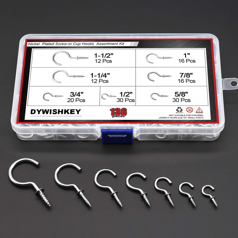 [Australia - AusPower] - Cup Screw Hooks for Hanging, DYWISHKEY 136PCS 7 Sizes Cup Hooks Kit, Nickel Plated Screw-in Cup Hooks for Home, Office and Workplace (1/2", 5/8", 3/4", 7/8", 1'', 1-1/4", 1-1/2") Silver 