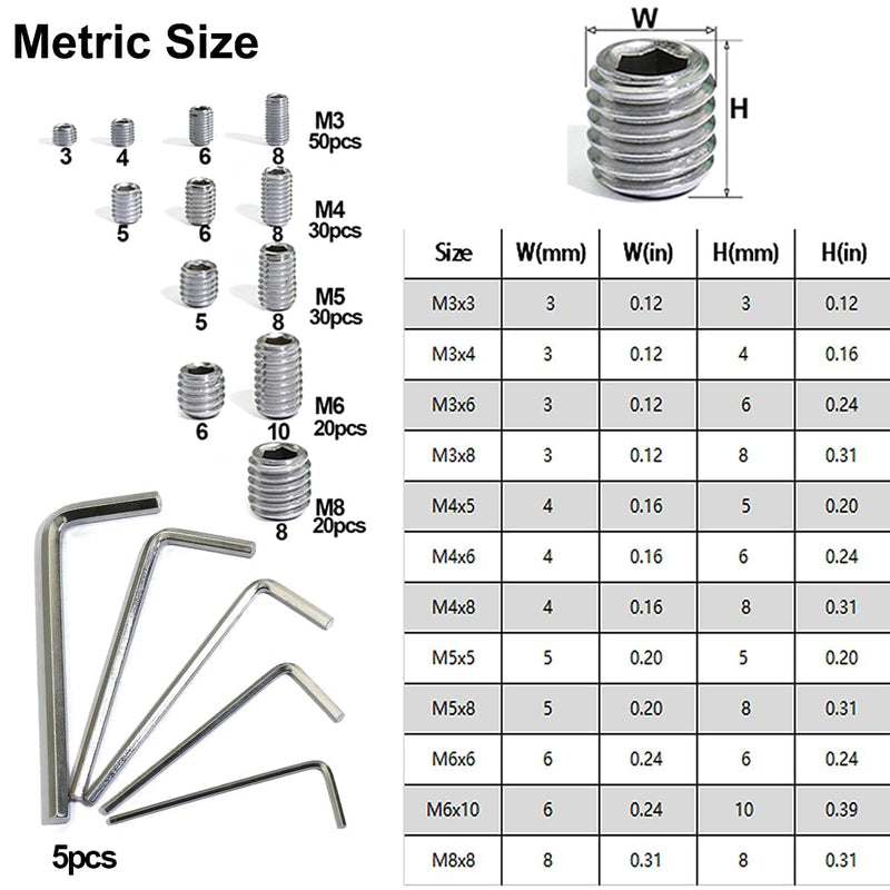 EilxMag 830-piece set of stainless steel metric and SAE Allen head socket hex grub screws with internal hex drive and cup point.