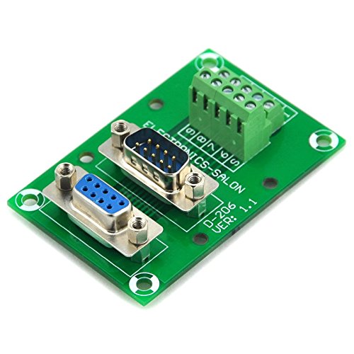 Electronics-Salon D-Sub DB9 male and female header breakout board with terminal block connector for electronics I/O modules.