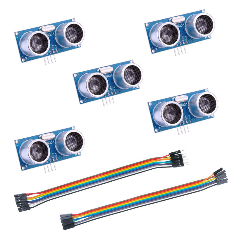 ELEGOO 5-pack HC-SR04 ultrasonic distance sensors compatible with Arduino UNO, Mega, Nano, and robot projects.