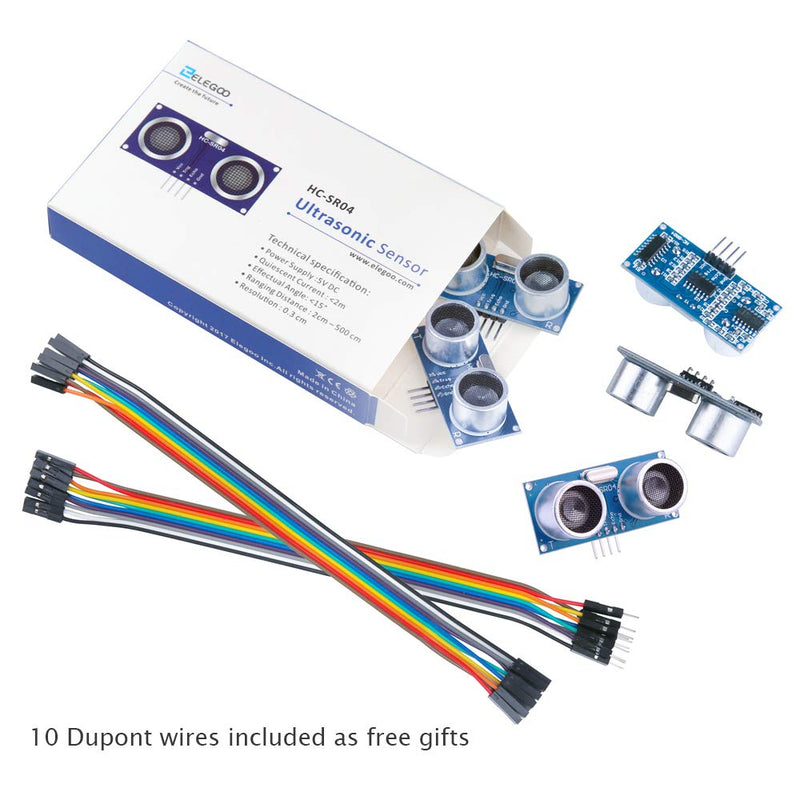 ELEGOO 5-pack HC-SR04 ultrasonic distance sensors compatible with Arduino UNO, Mega, Nano, and robot projects.