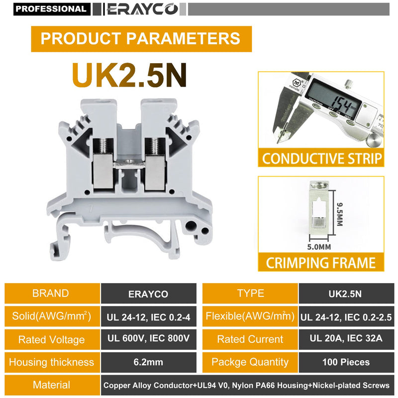 [Australia - AusPower] - Erayco UK2.5N-B DIN Rail Terminal Block, Screw Clamp, 600V 20A 24-12AWG, Pack of 100 (Black) Black 