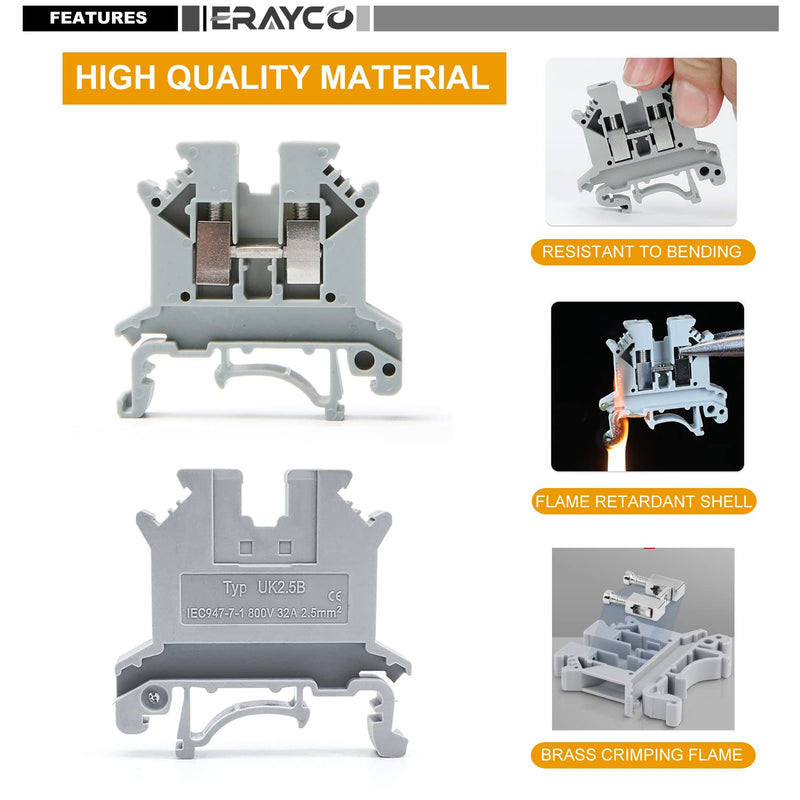 [Australia - AusPower] - Erayco UK2.5N-B DIN Rail Terminal Block, Screw Clamp, 600V 20A 24-12AWG, Pack of 100 (Black) Black 