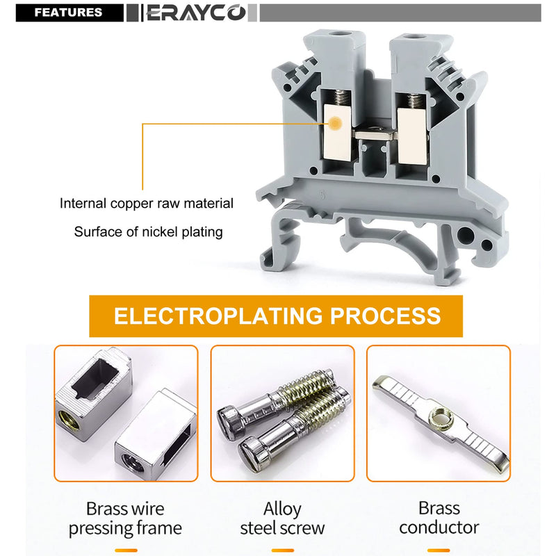 [Australia - AusPower] - Erayco UK2.5N-B DIN Rail Terminal Block, Screw Clamp, 600V 20A 24-12AWG, Pack of 100 (Black) Black 
