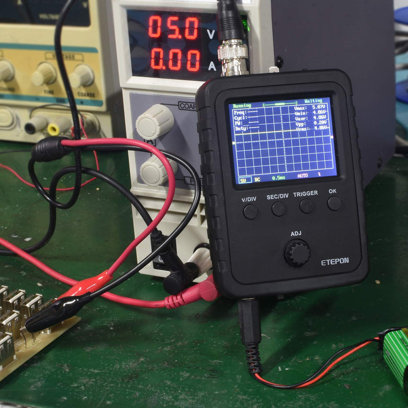 ETEPON Digital Oscilloscope Kit EM001 in black with BNC-clip cable probe, fully assembled and ready for electronic testing.