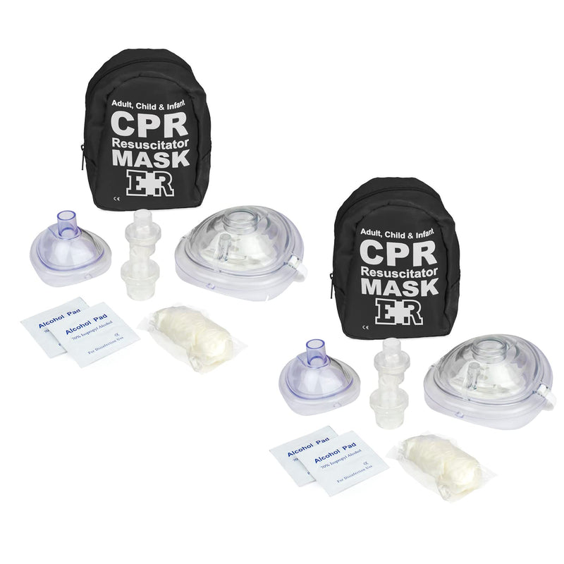 [Australia - AusPower] - Ever Ready First Aid Adult and Infant CPR Mask Combo Kit with 2 Valves with Pair of Nitrile Gloves & 2 Alcohol Prep Pads - Tactical Black - 2 Pack 