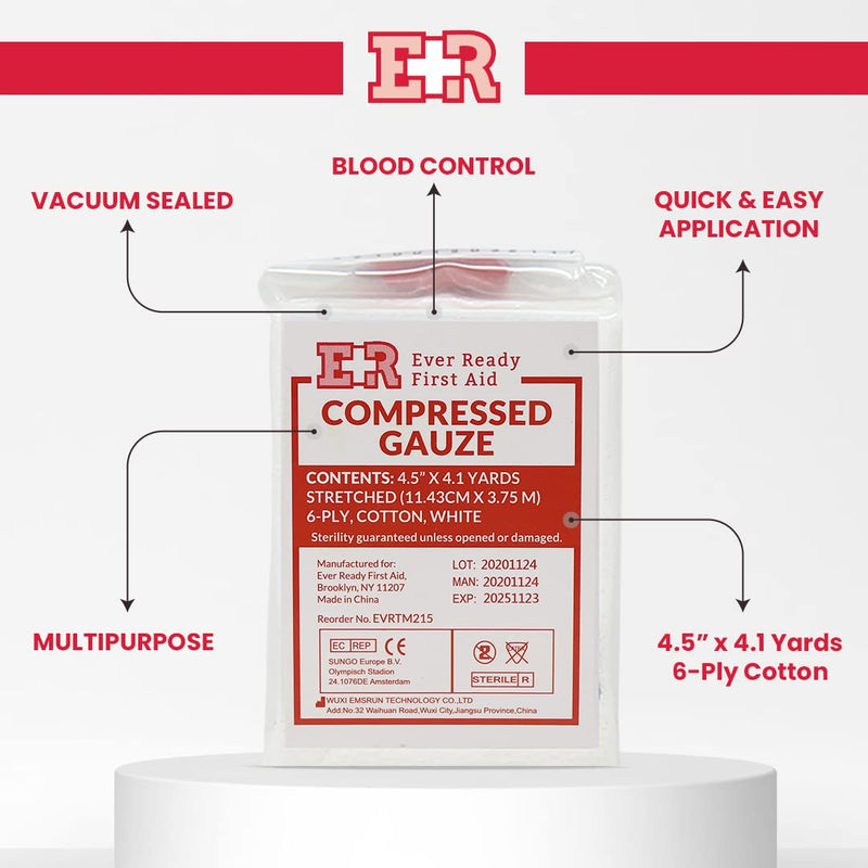 [Australia - AusPower] - Ever Ready First Aid Compressed Sterile Gauze, 6-Ply Emergency Medical Dressing for First Aid Kits, Hemostatic Control Bandage – 4.5” x 4.1 Yards - 5 Pack 