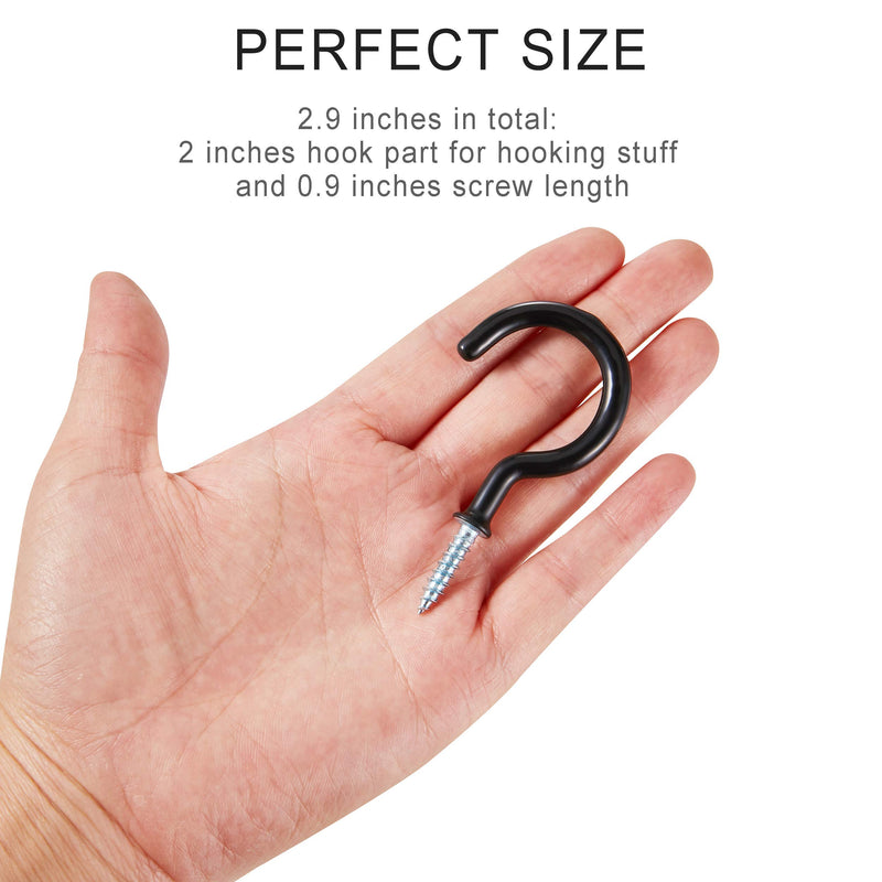 [Australia - AusPower] - 2 Inch Ceiling Hooks, Screw-in Cup Hooks, Vinyl Coated Screw Hooks for Hanging Plants Lights Mugs Heavy Duty Indoor Outdoor Use, Screw in Metal Wall Hooks Kitchen Hanger, Black (12 Pack) 