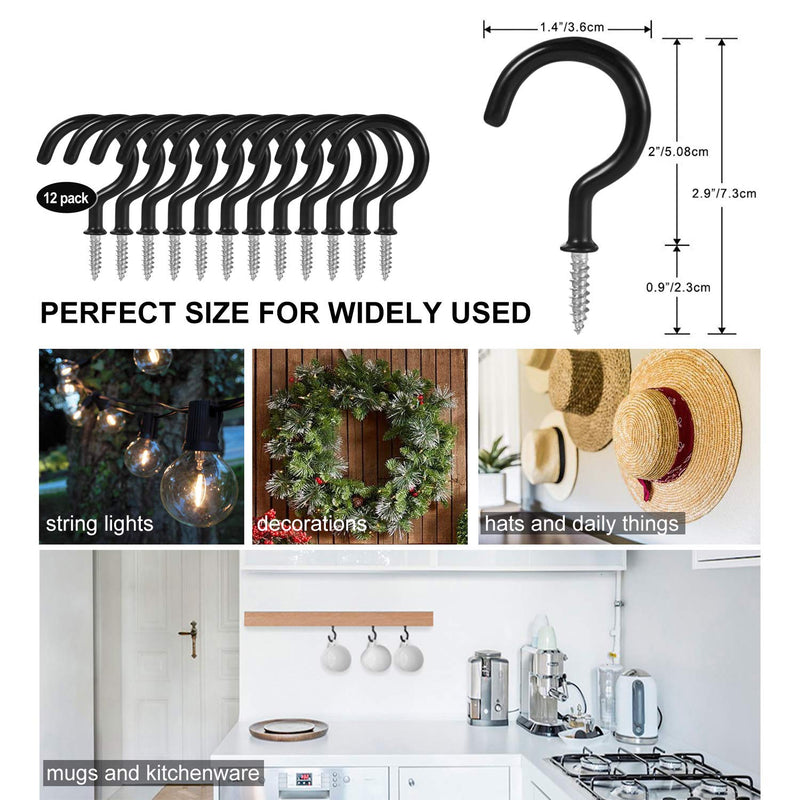 [Australia - AusPower] - 2 Inch Ceiling Hooks, Screw-in Cup Hooks, Vinyl Coated Screw Hooks for Hanging Plants Lights Mugs Heavy Duty Indoor Outdoor Use, Screw in Metal Wall Hooks Kitchen Hanger, Black (12 Pack) 