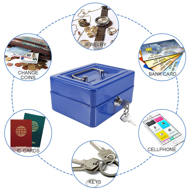[Australia - AusPower] - 1Pc Metal Cash Box,Small Portable Steel Lockable Cash  Security Box,Resistant Safe Lock Box with Key (Blue) Blue 