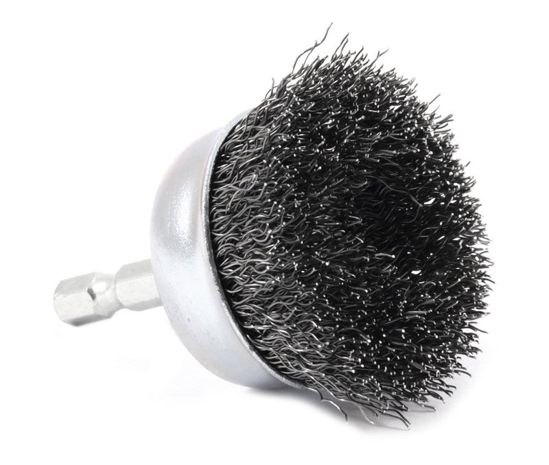 Forney 72729 wire cup brush with coarse crimped bristles and 1/4-inch hex shank, 2-inch diameter, suitable for surface cleaning.