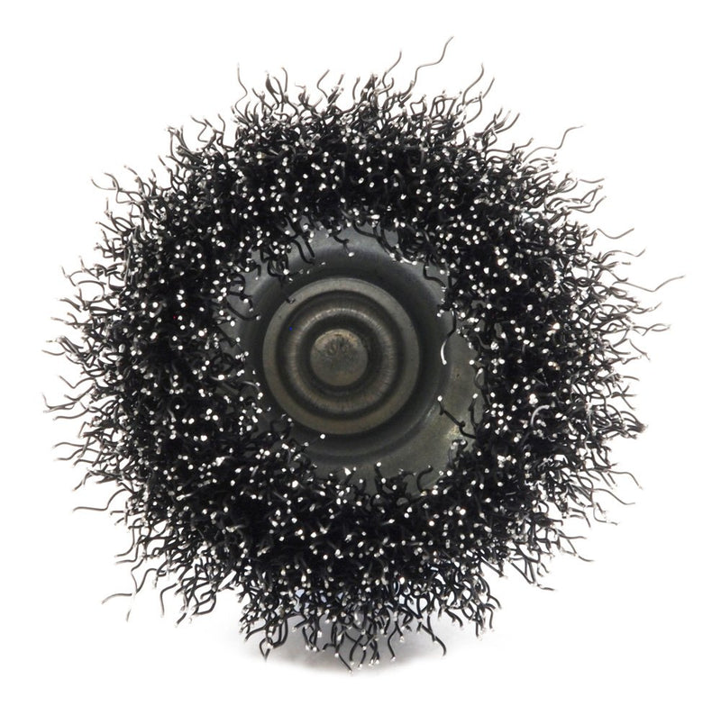 Forney 72729 coarse crimped wire cup brush with 1/4-inch hex shank, 2-inch diameter, ideal for surface cleaning and rust removal.