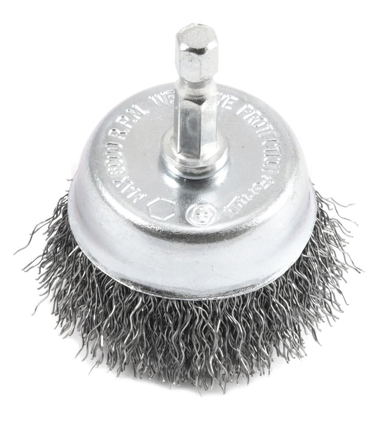 Forney 72729 wire cup brush with coarse crimped bristles, 2-inch diameter, 1/4-inch hex shank for heavy-duty cleaning and surface prep.