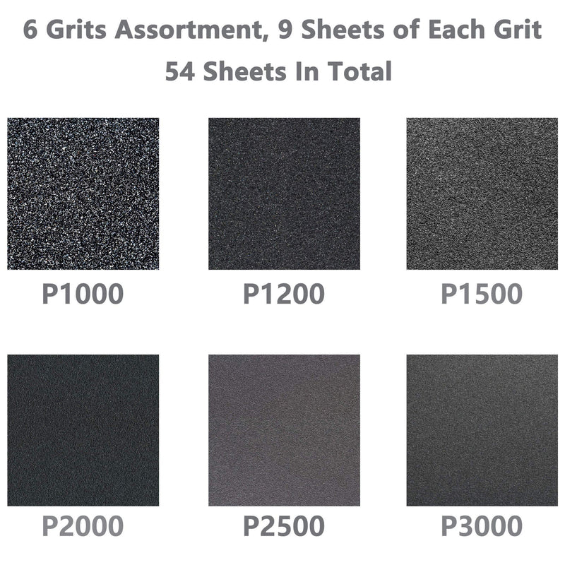 [Australia - AusPower] - Wet Dry Sandpaper, Assorted 3000/2500/2000/1500/1200/1000 Grit for Automotive Wood Sanding, 54 Sheets 1000-3000 